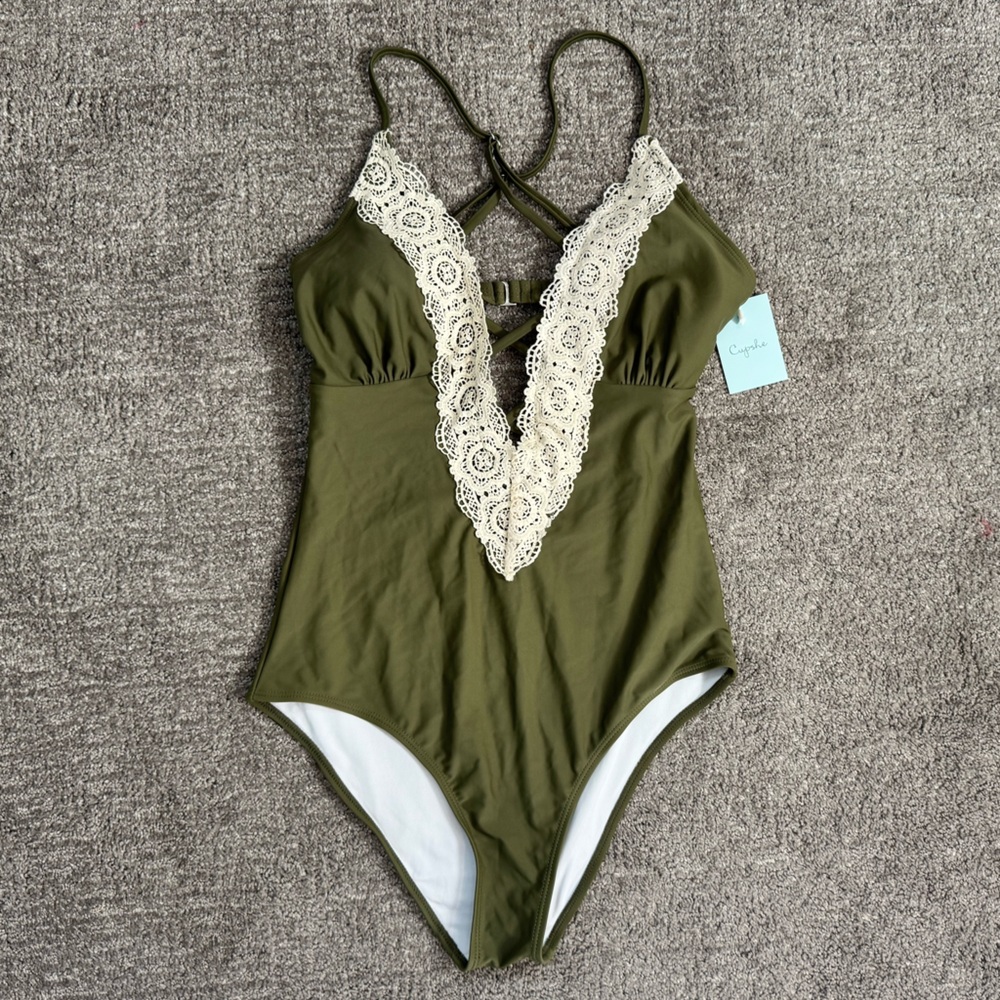 Cupshe Olive Green One-Piece Swimsuit with Cream Trim